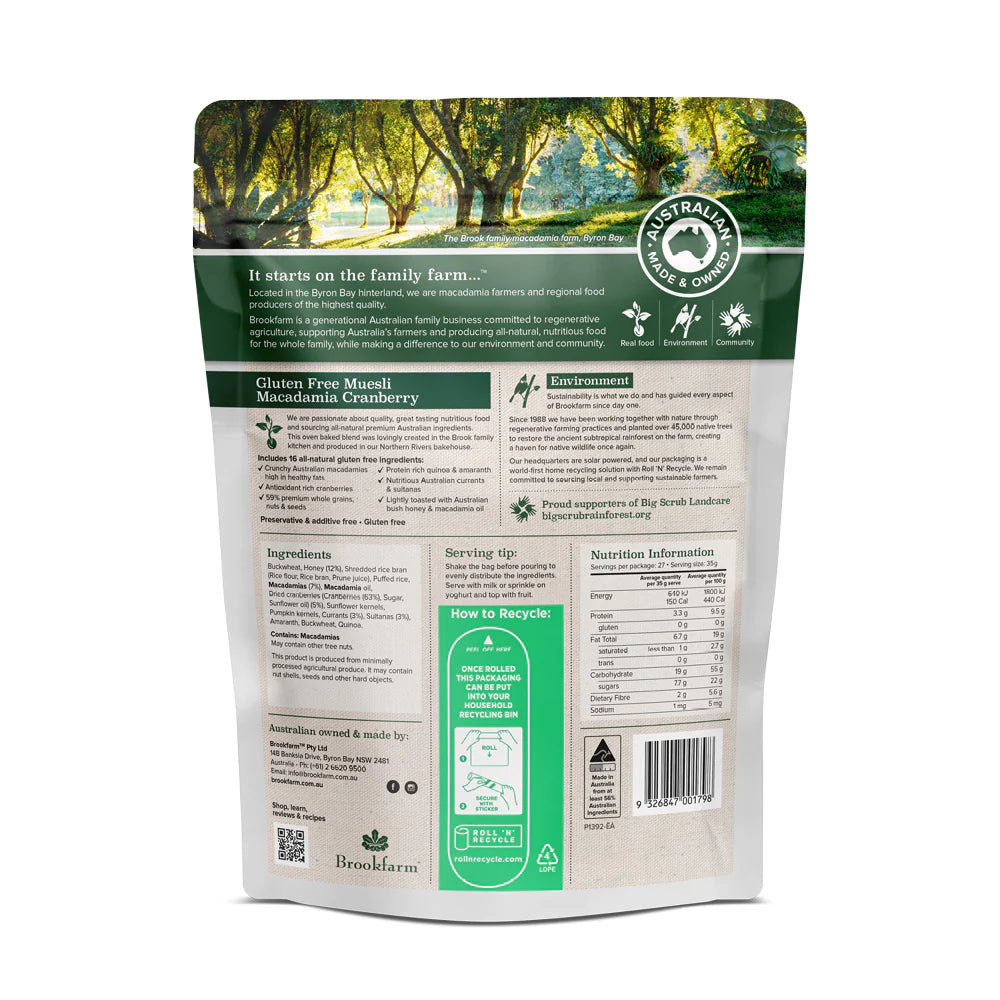 Brookfarm Cranberry & Macadamia Muesli Gluten Free 950G